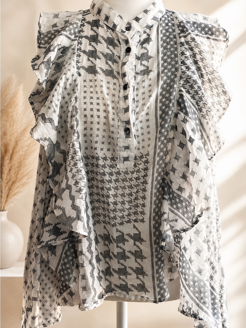 IRO Cream and Black Ruffle Button-Front Blouse